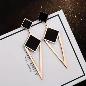 1 Pair of Chic Black Enamel Quadrilateral Dangle Earrings - Cute Boho Zinc Alloy with Iron Posts, Perfect for Daily Wear & Vacation, Quirky Earrings